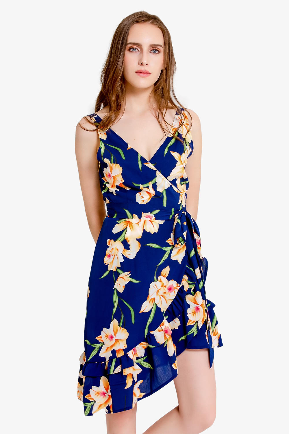 Asymmetry Ruffled Floral Print Wrap Dress