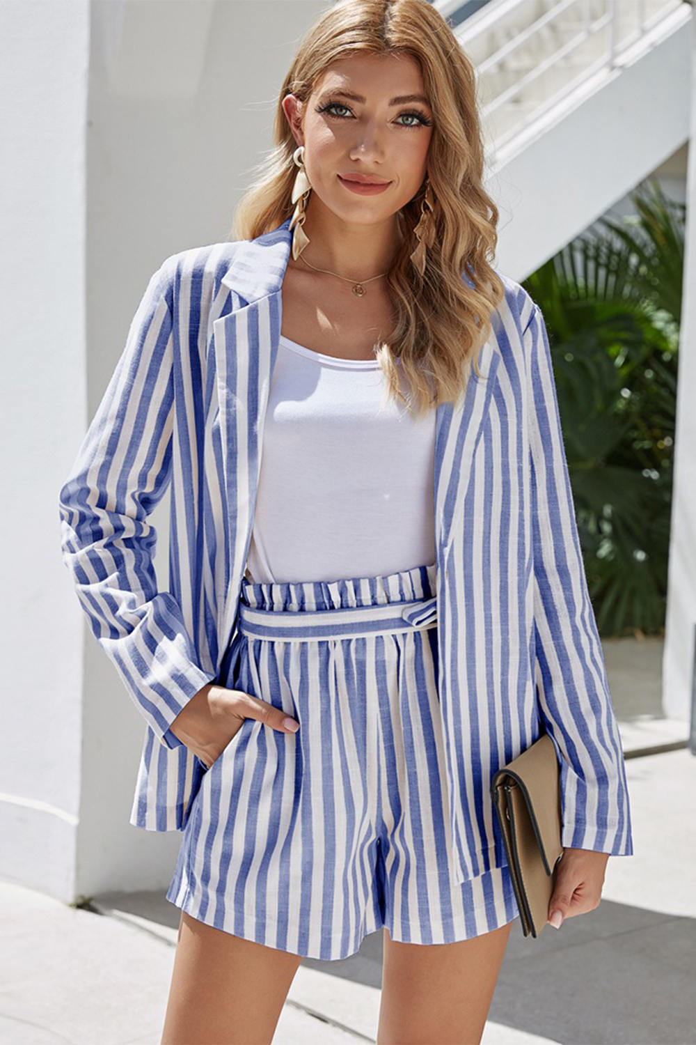 Thin Single Breasted Stripe Blazer Set