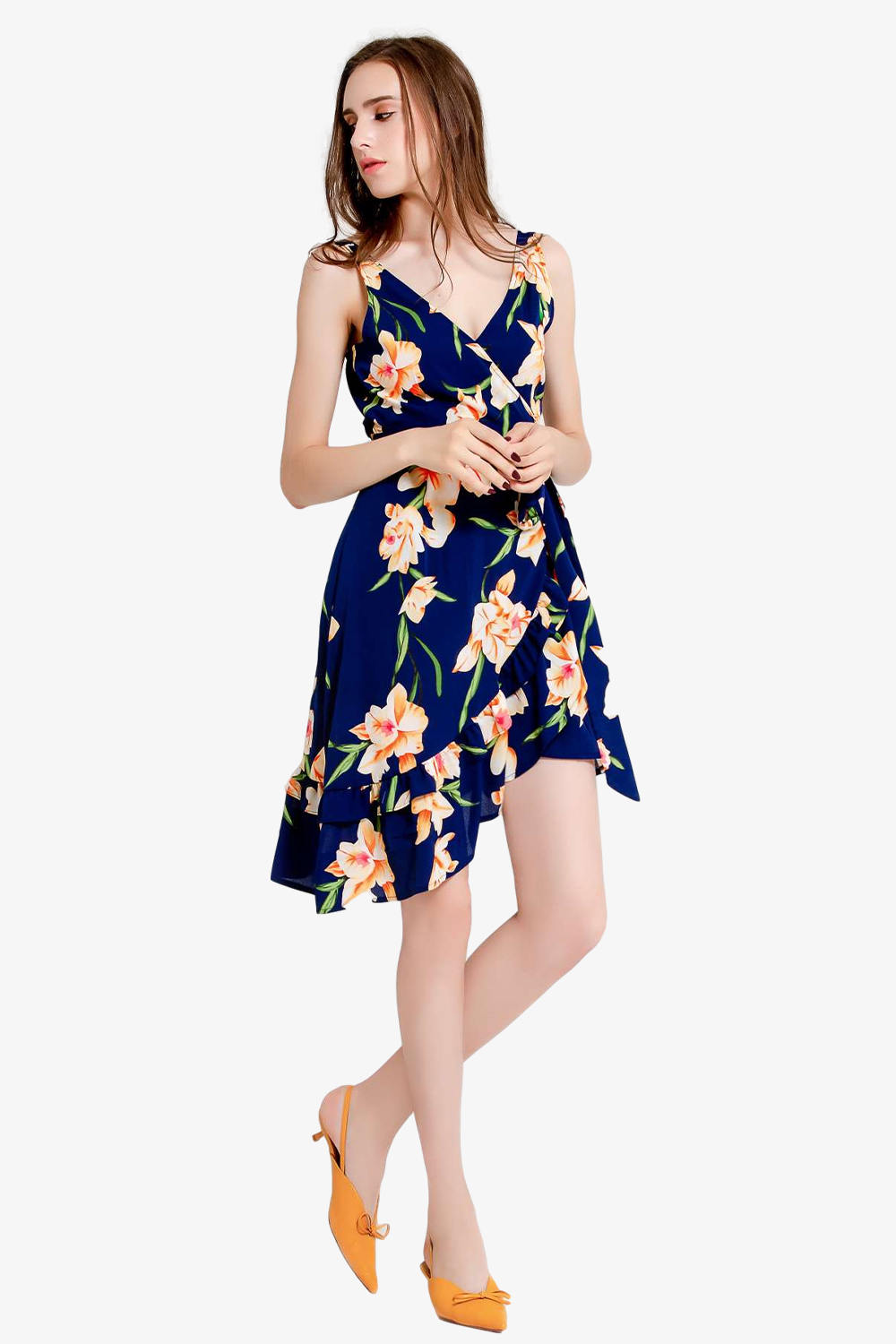 Asymmetry Ruffled Floral Print Wrap Dress