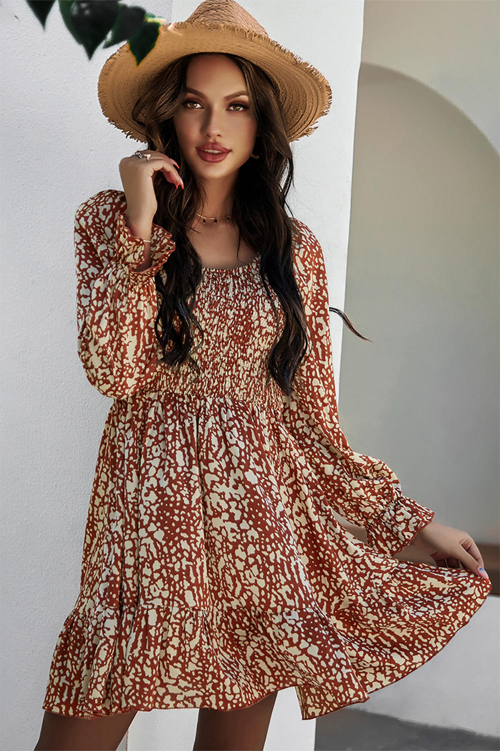 Puff Sleeve Print Ruched Dress