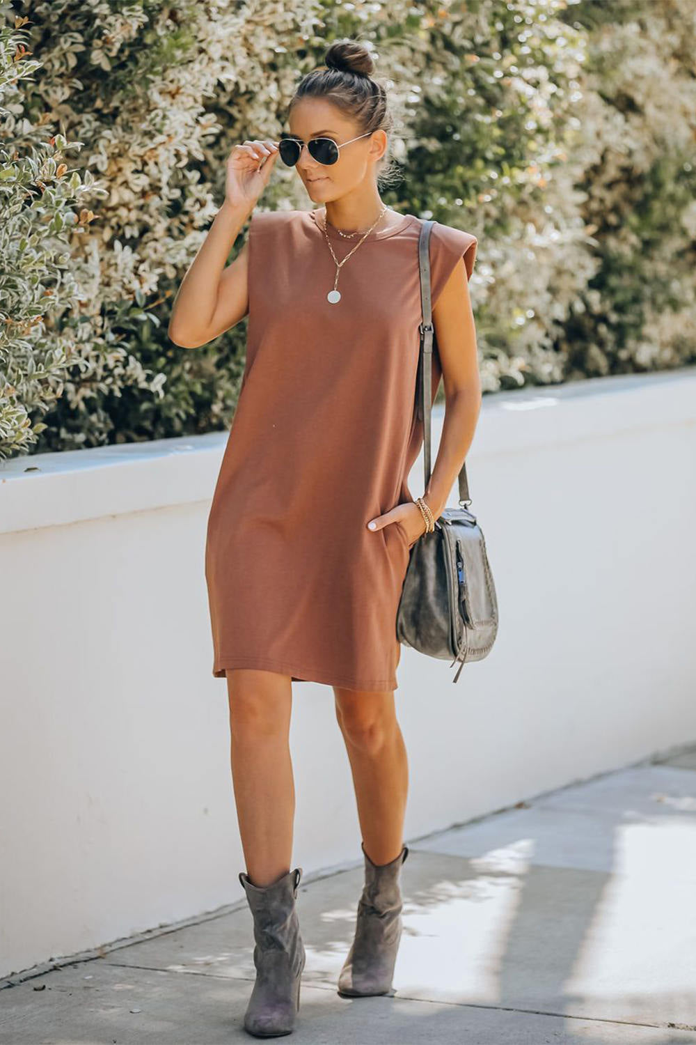 Padded Shoulder Sleeveless T-shirt Dress