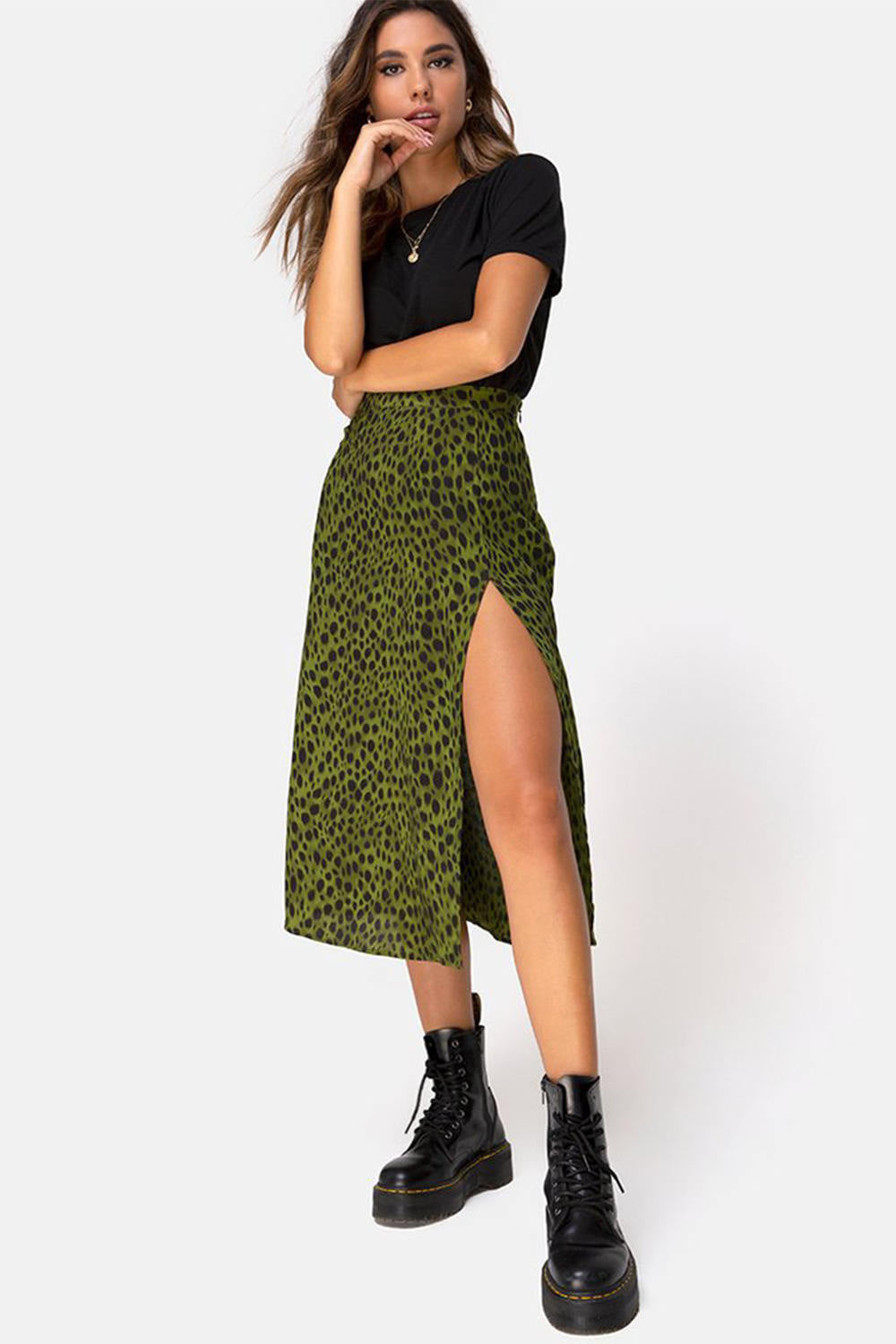 Green Leopard Print Split Midi Skirt