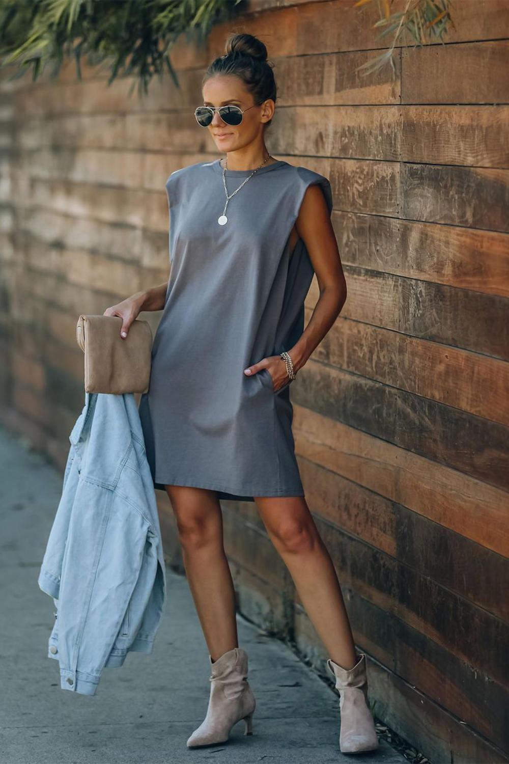 Padded Shoulder Sleeveless T-shirt Dress