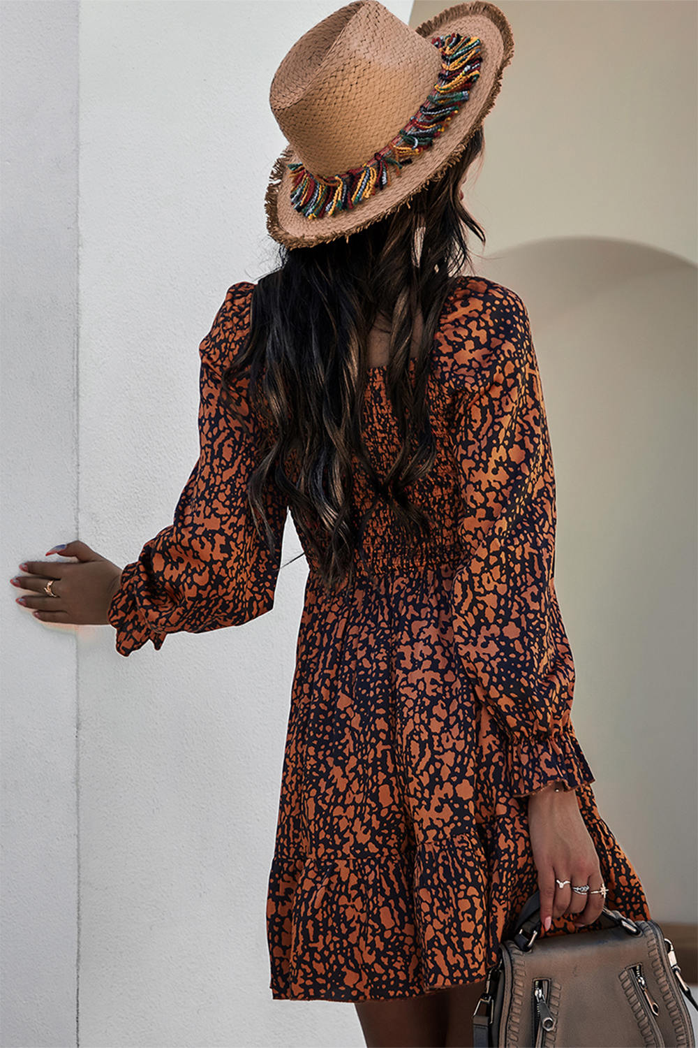 Puff Sleeve Print Ruched Dress