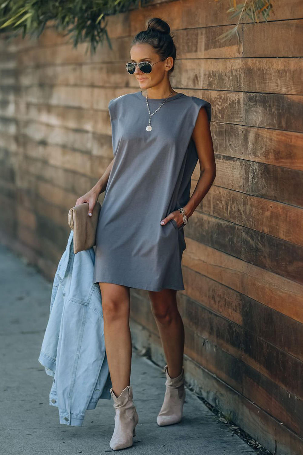 Padded Shoulder Sleeveless T-shirt Dress