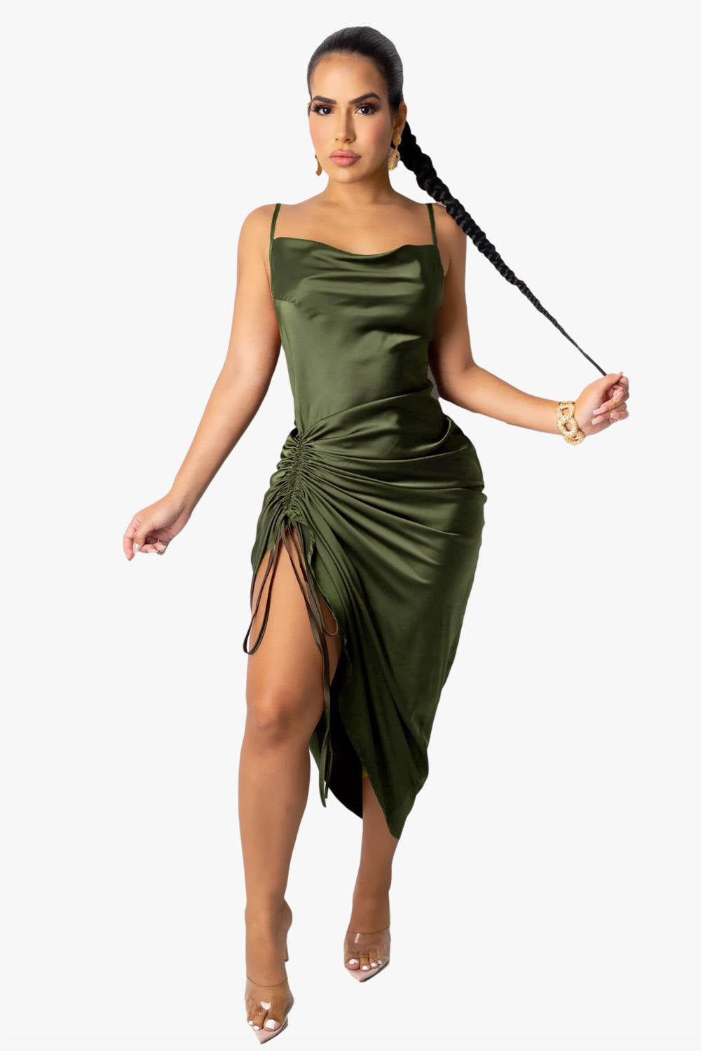 Satin Ruched Drawstring Cami Dress