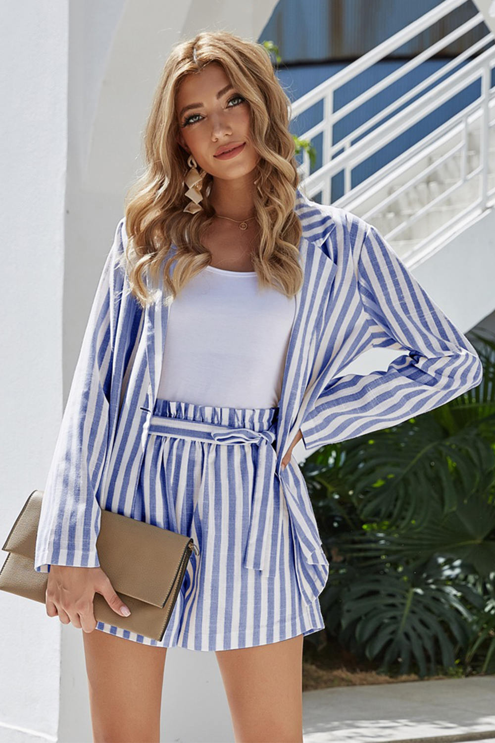 Thin Single Breasted Stripe Blazer Set