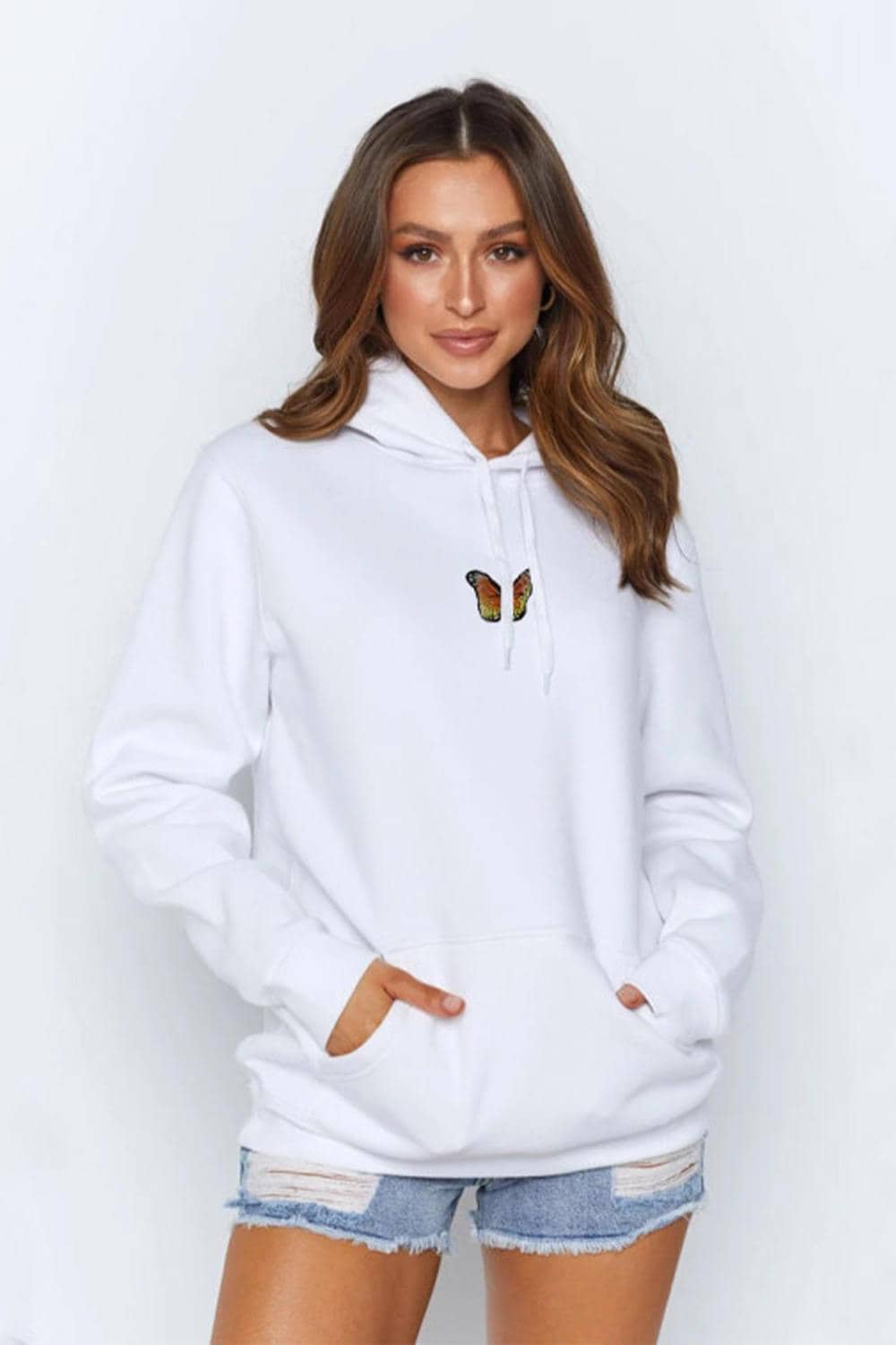 Autumn Butterfly Print Long Sleeve Pullover Hoodie 