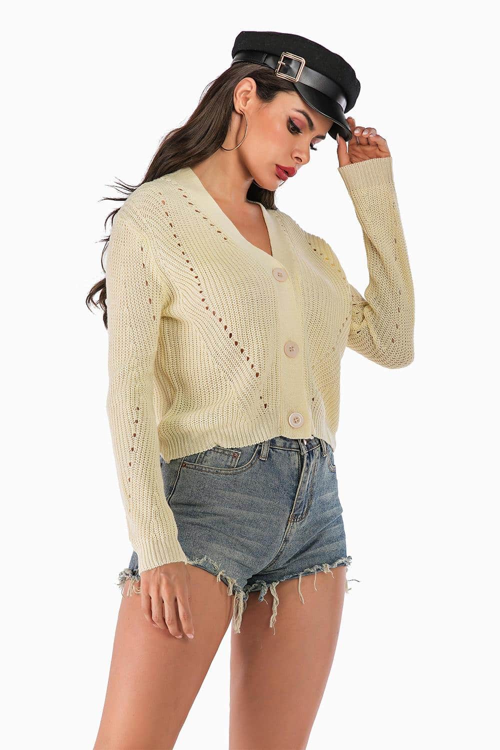 Fall Beige Cropped Knit Cardigan 