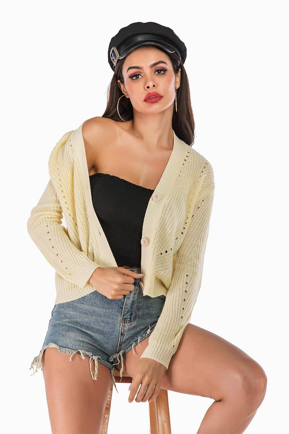 Fall Beige Cropped Knit Cardigan 