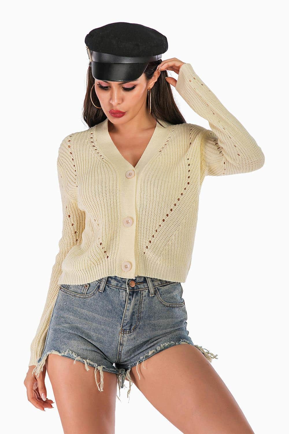 Fall Beige Cropped Knit Cardigan 