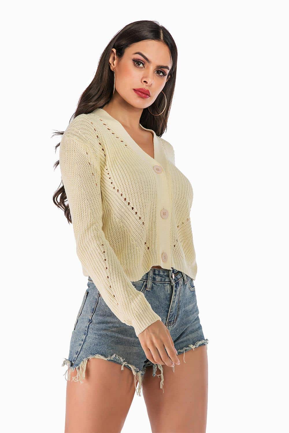 Fall Beige Cropped Knit Cardigan 