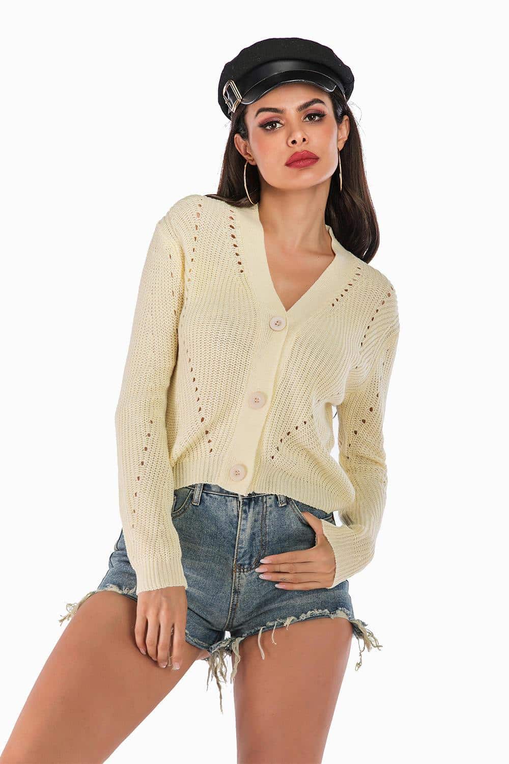 Fall Beige Cropped Knit Cardigan 