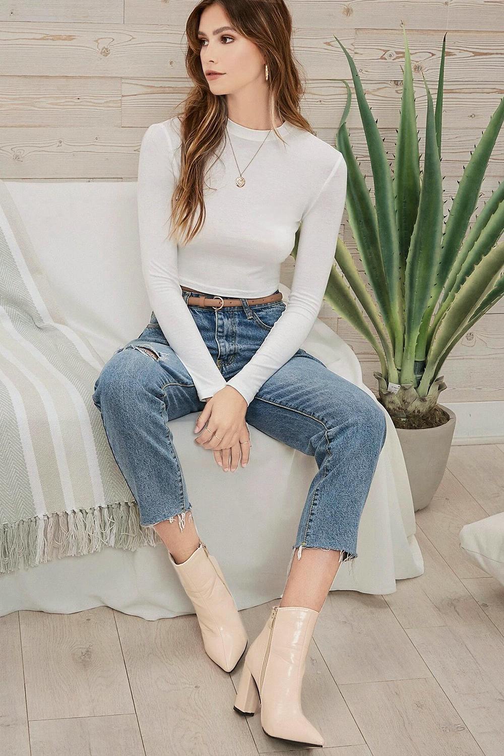 Fall Long Sleeves Cotton Crop Tops 