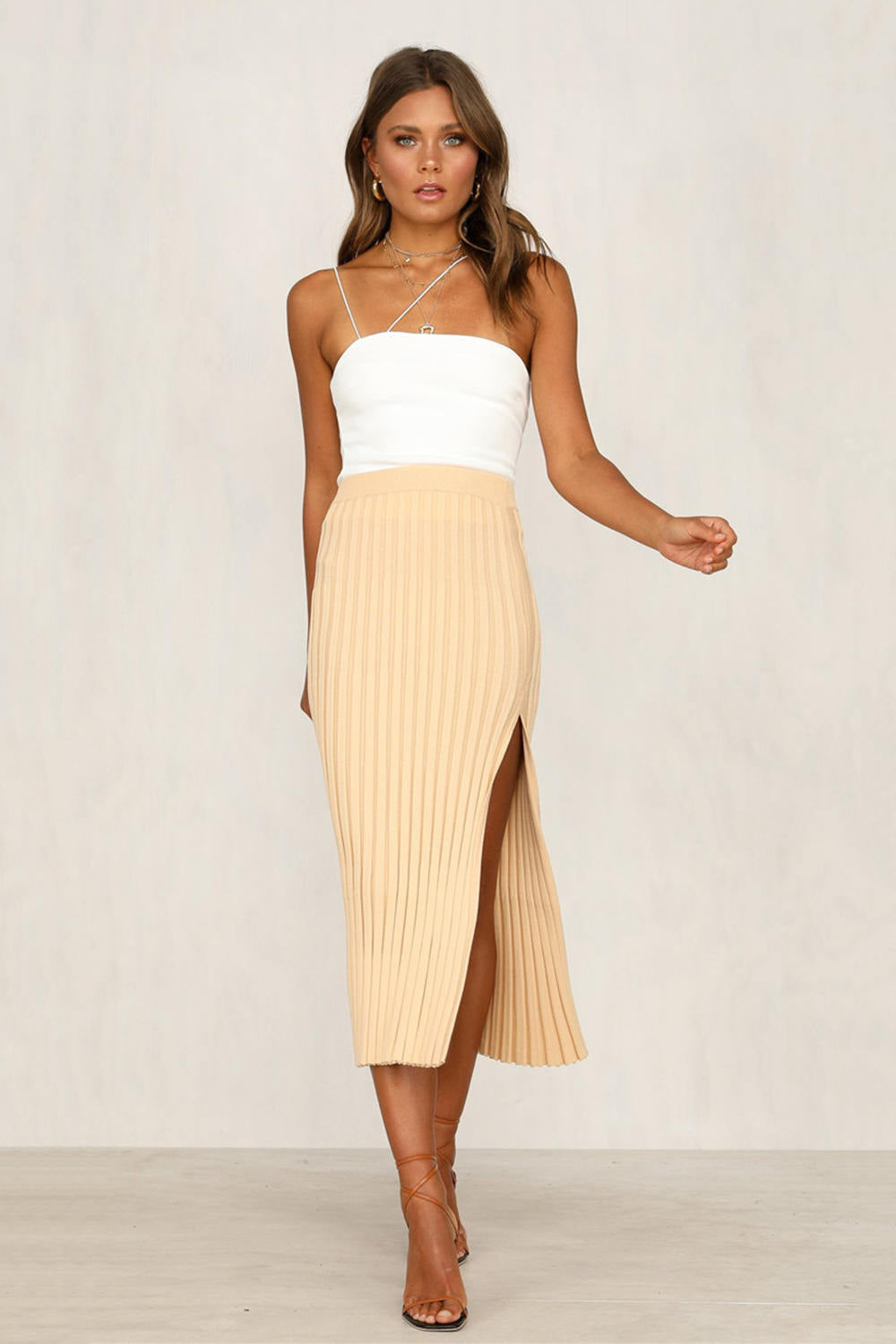 Leg Split Ribbed Knit Midi Skirt