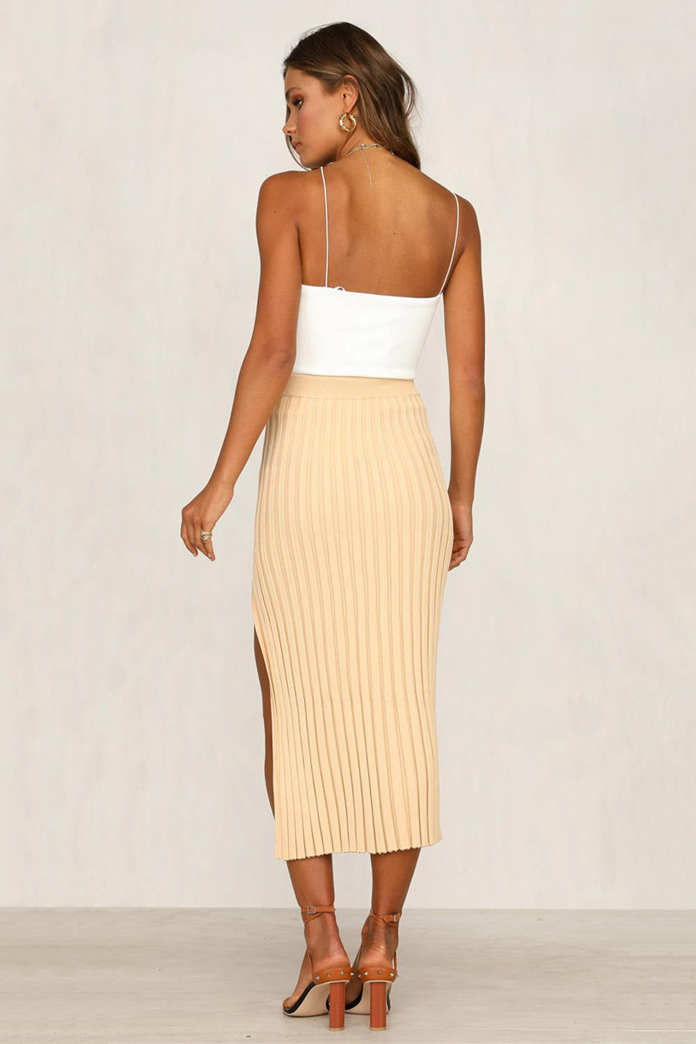 Leg Split Ribbed Knit Midi Skirt