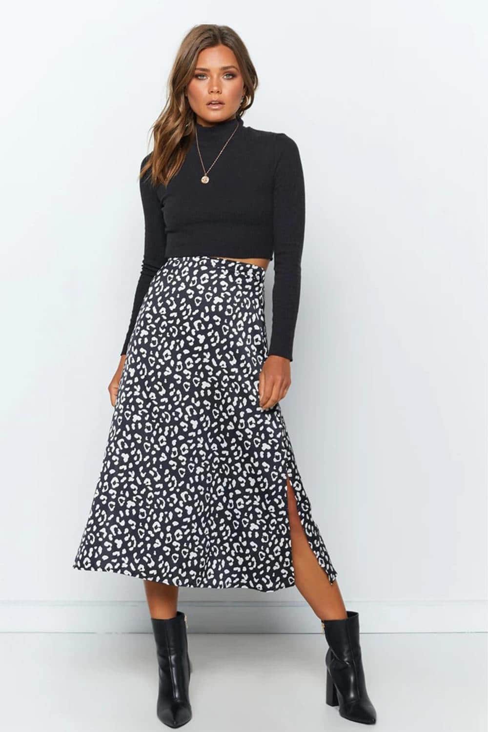 Women Casual Chiffon Leopard Print Split Long Skirts 