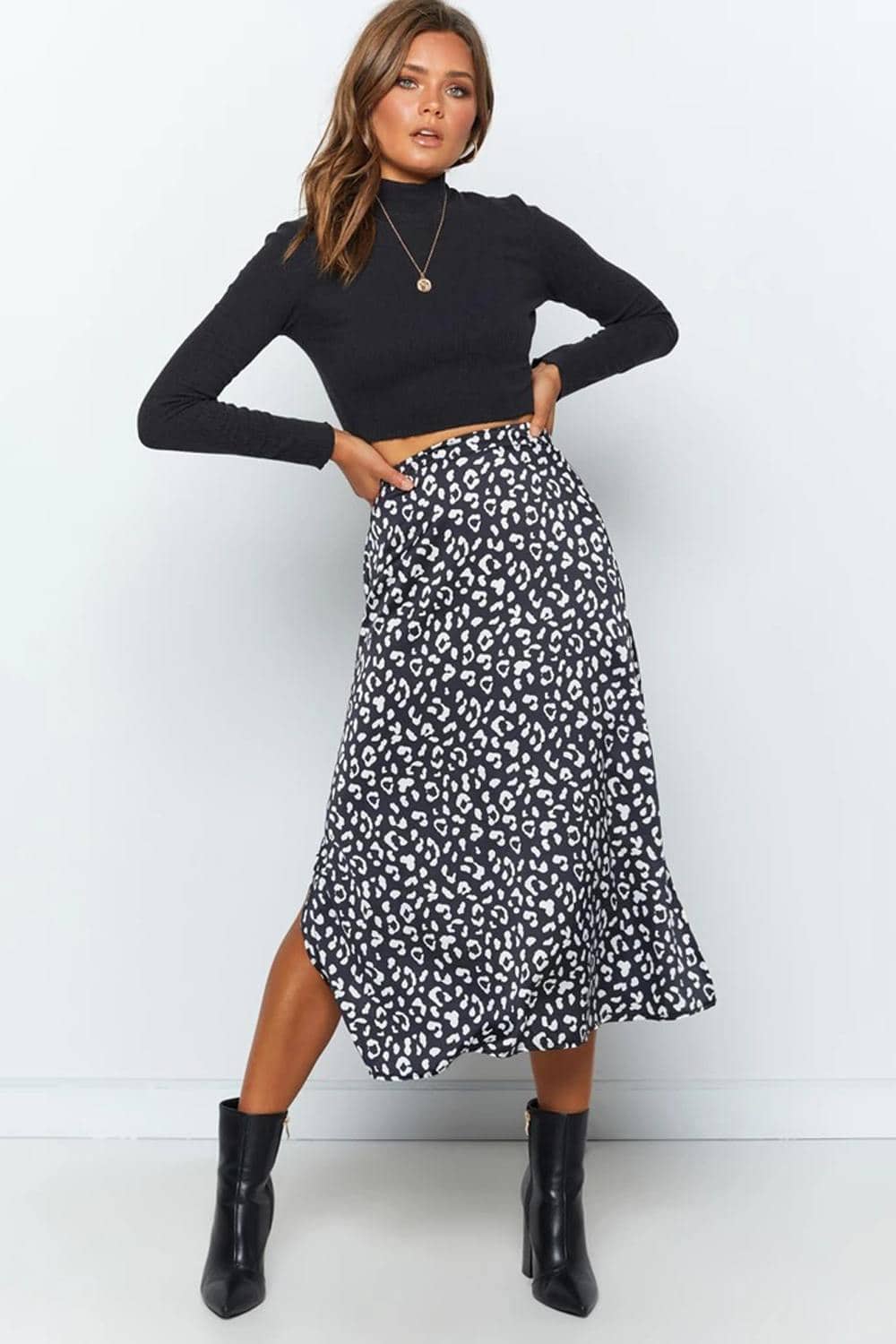 Women Casual Chiffon Leopard Print Split Long Skirts 