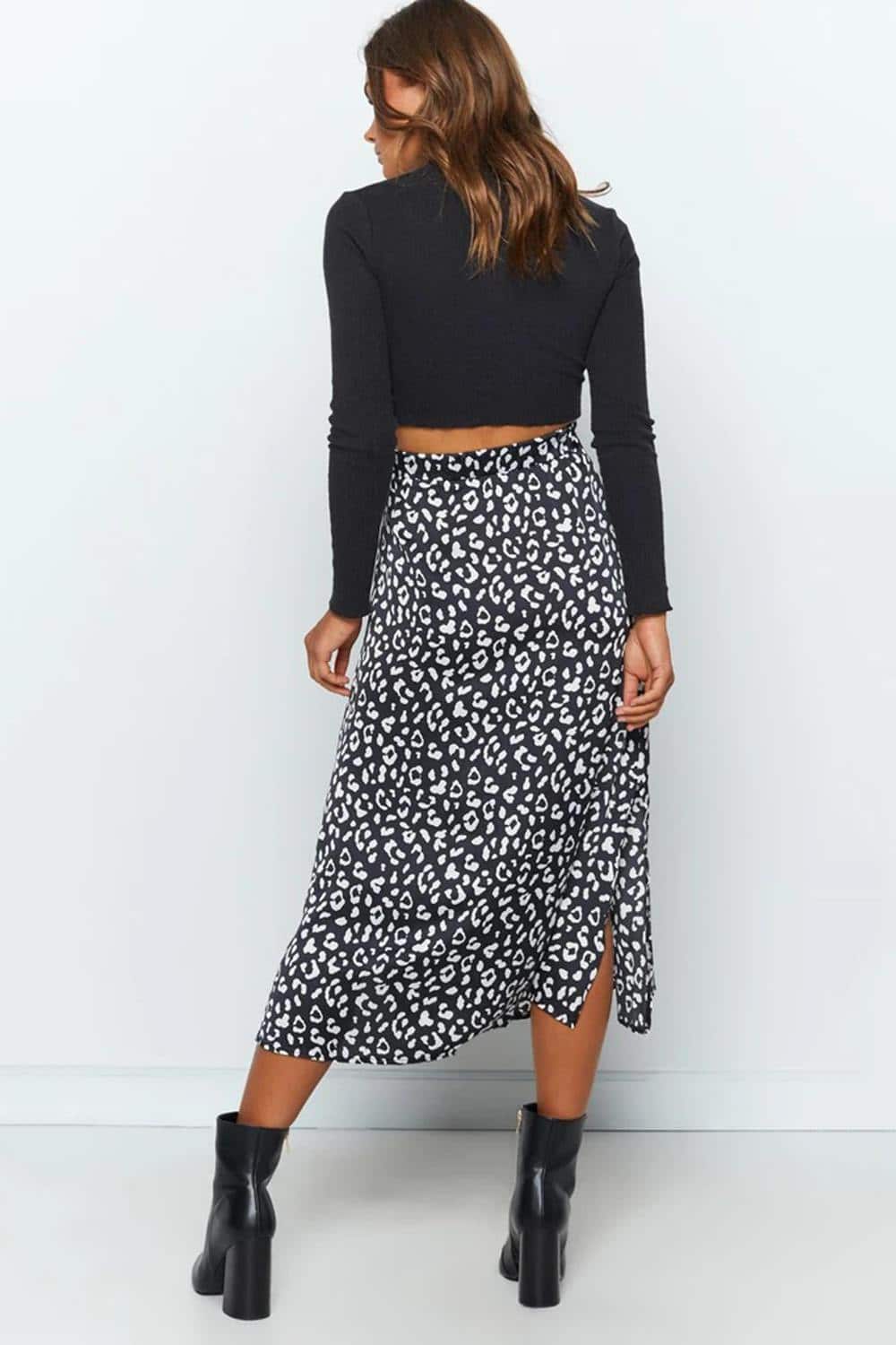 Women Casual Chiffon Leopard Print Split Long Skirts 