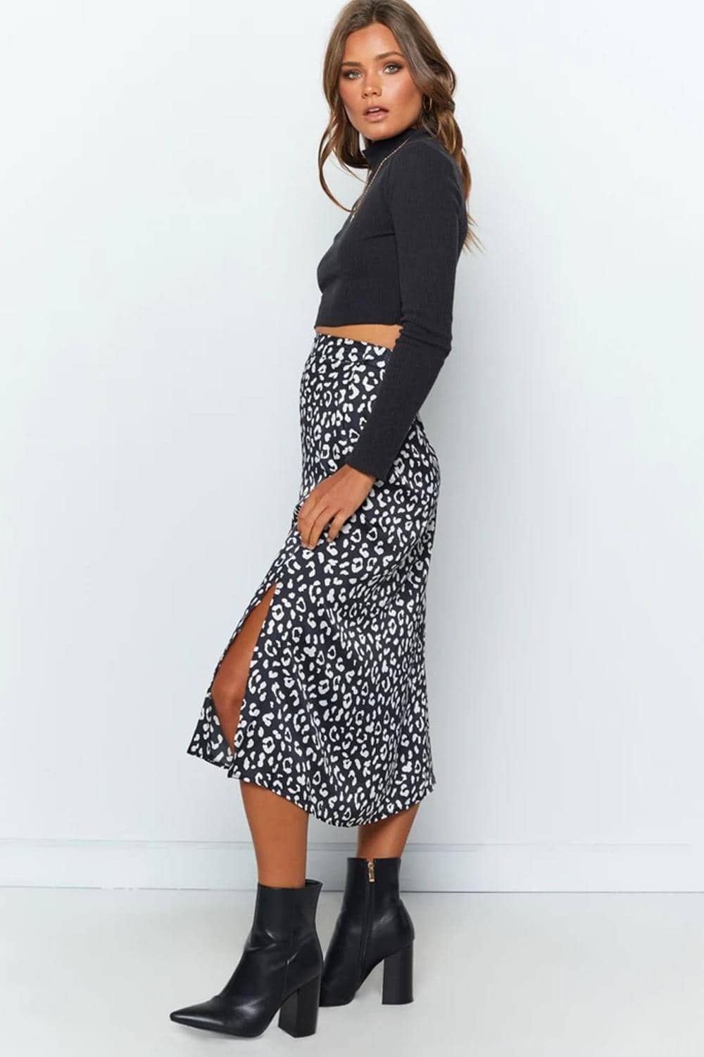 Women Casual Chiffon Leopard Print Split Long Skirts 