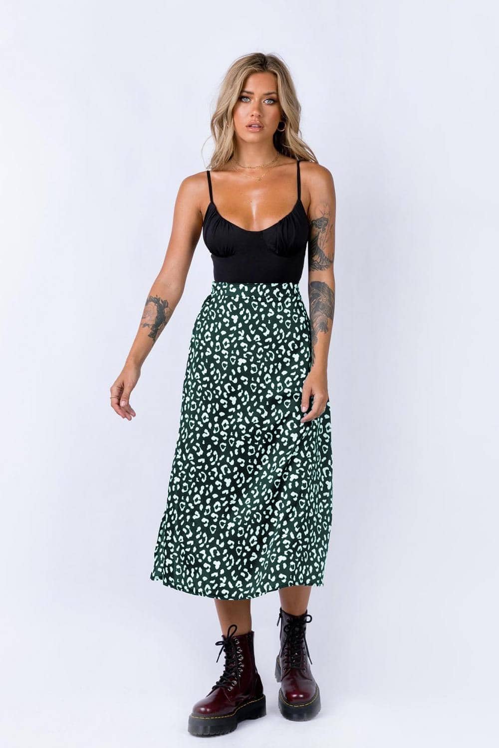 Women Casual Chiffon Leopard Print Split Long Skirts 