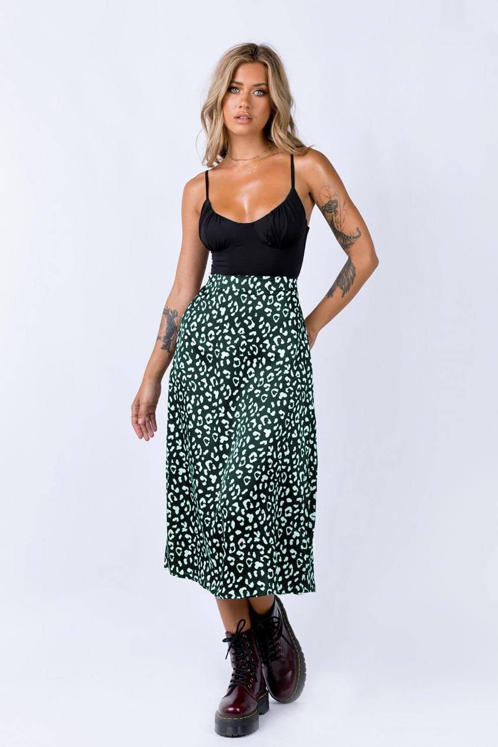 Women Casual Chiffon Leopard Print Split Long Skirts 