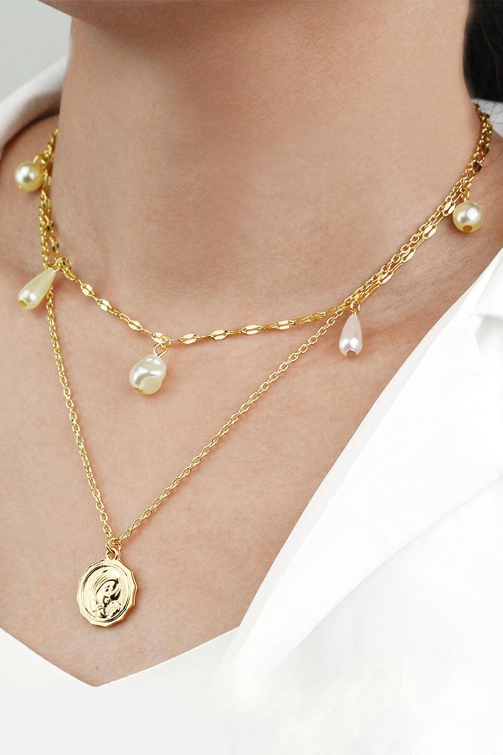 Women Fashion Pearl Avatar Alloy Layered Necklaces 