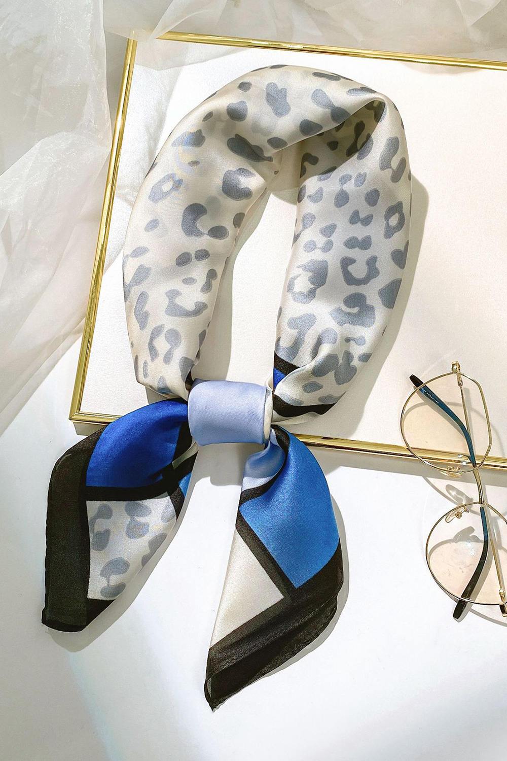 Women Leopard Print Contrast Satin Square Scarf 