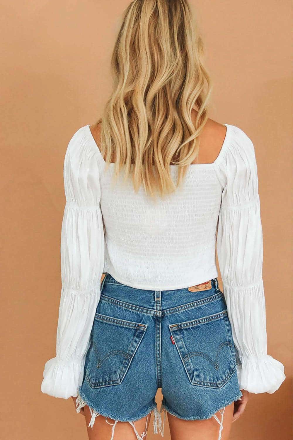 Women Long Puff Sleeve Crop Tops 