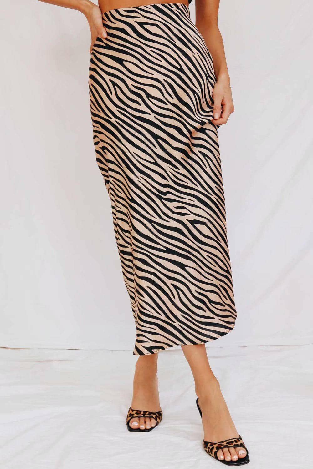 Women Satin A-line High Waist Animal Print Skirts 