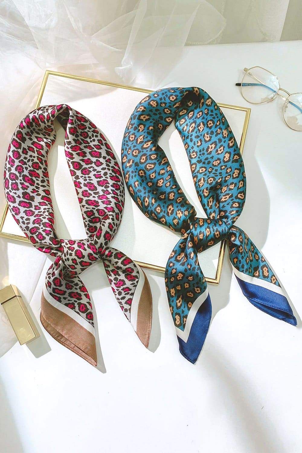 Women Satin Leopard Animal Print Square Scarf 