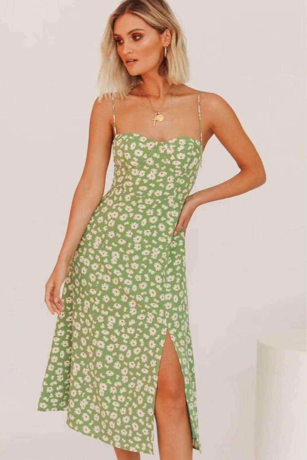 Women Shoulder Tie Leg Slit Floral Print Slip Dress 