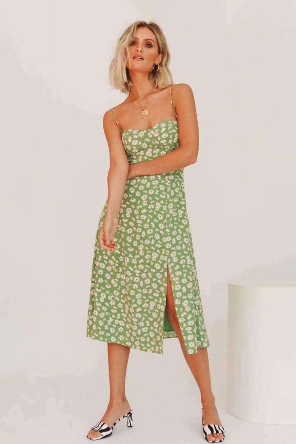 Women Shoulder Tie Leg Slit Floral Print Slip Dress 