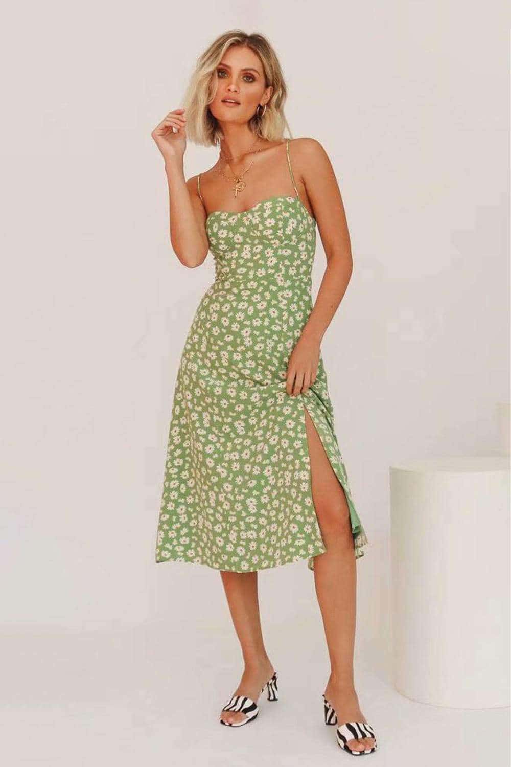 Women Shoulder Tie Leg Slit Floral Print Slip Dress 