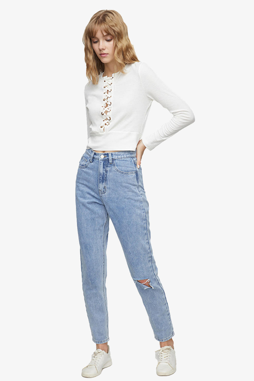 High Rise Distressed Hole Cropped Jeans