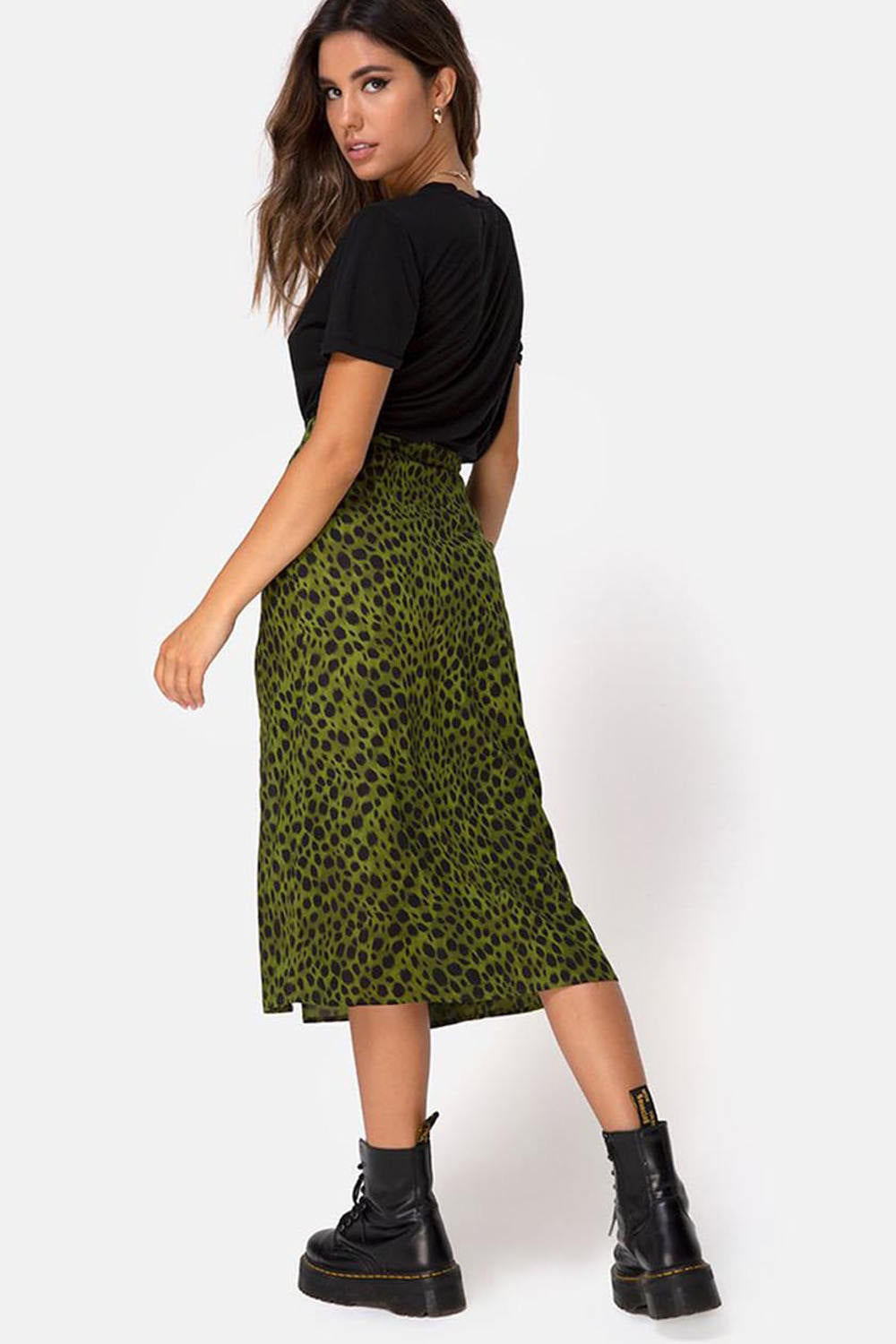 Green Leopard Print Split Midi Skirt