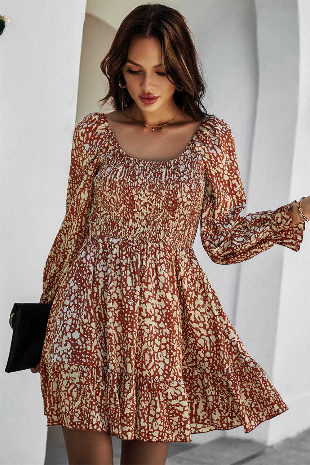 Puff Sleeve Print Ruched Dress