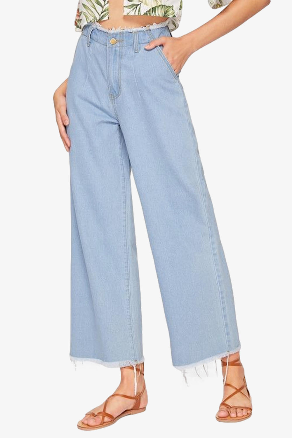 Frayed High Waist Denim Culottes