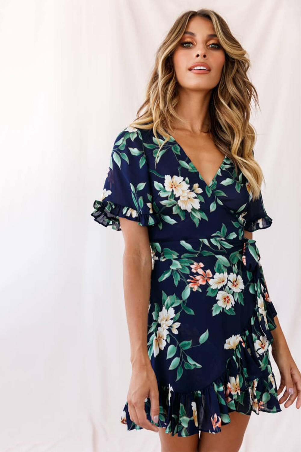 Ruffle Floral Print Wrap Dress