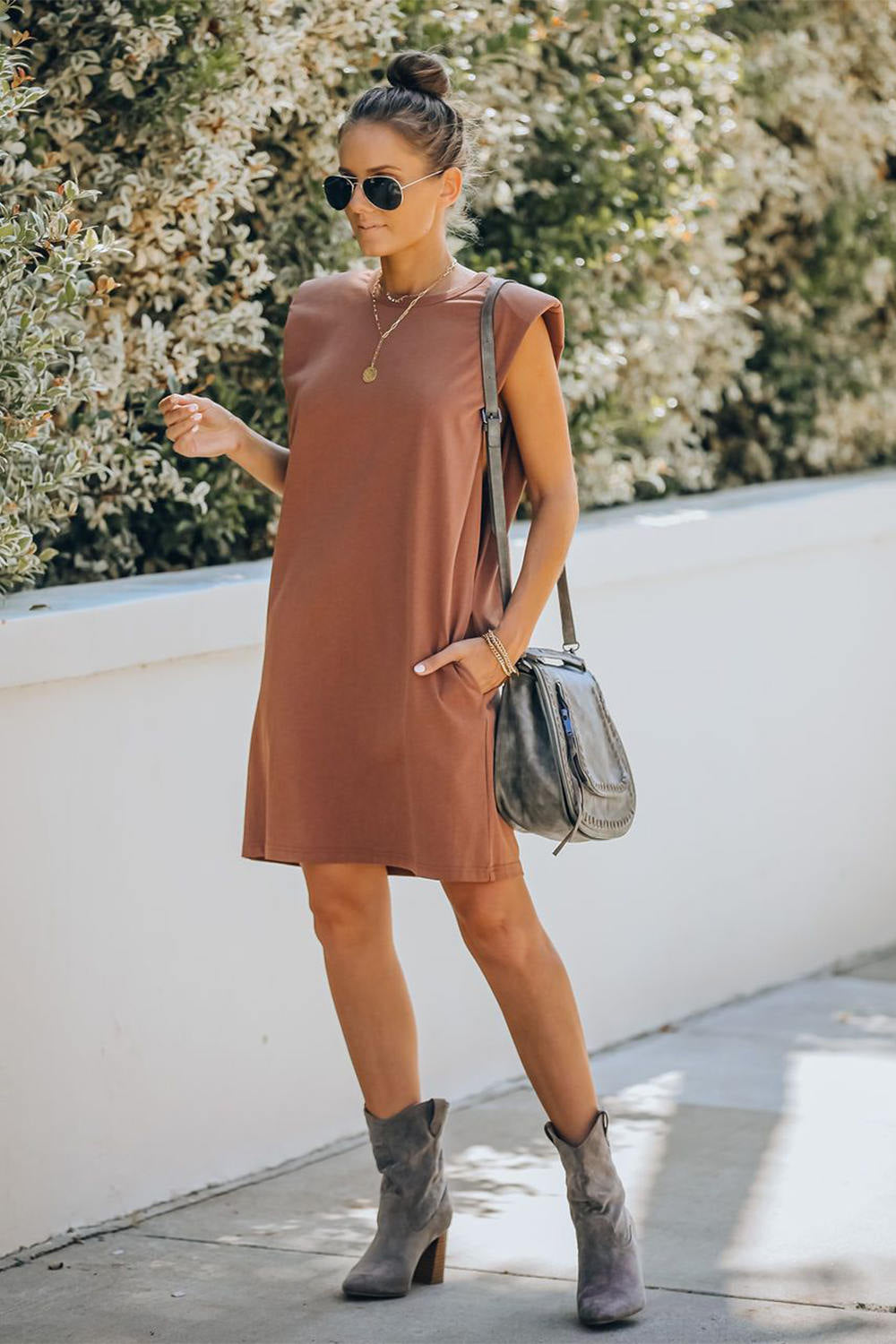 Padded Shoulder Sleeveless T-shirt Dress