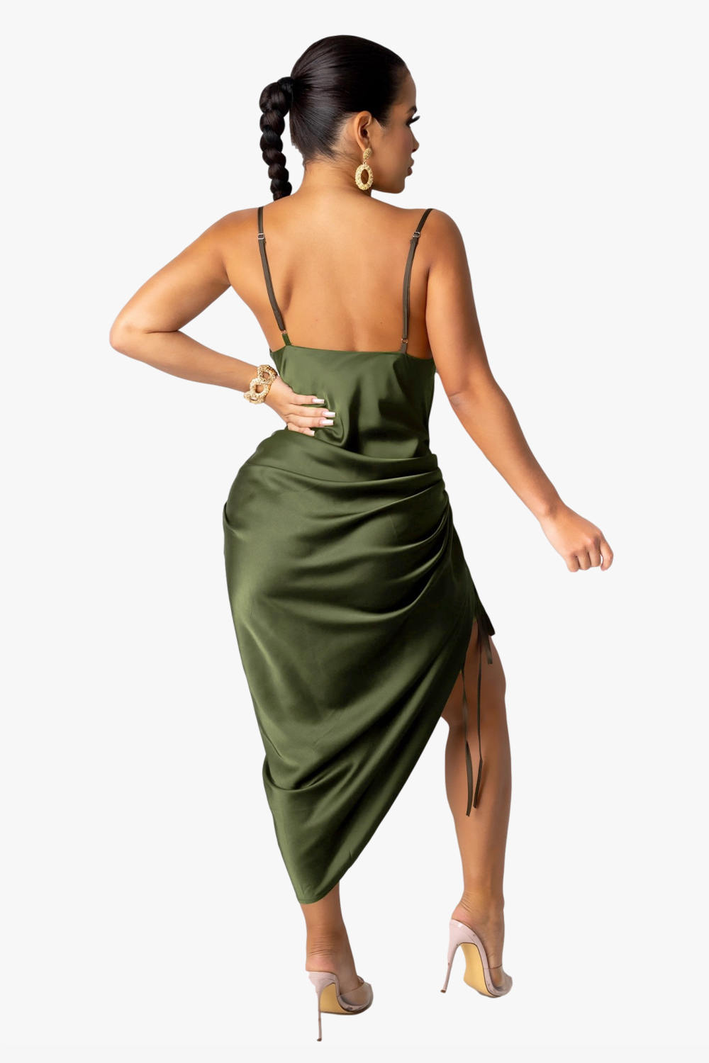 Satin Ruched Drawstring Cami Dress