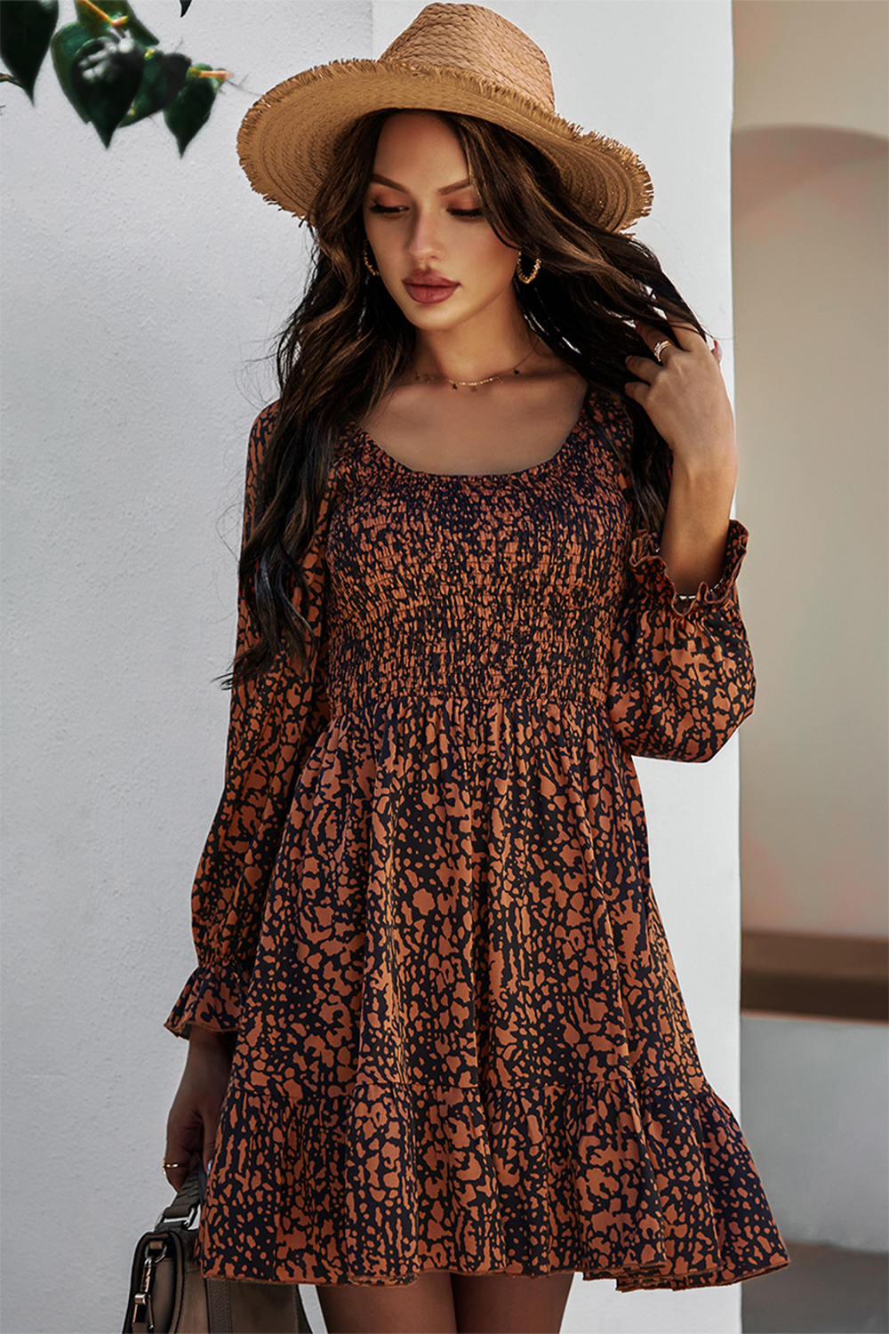 Puff Sleeve Print Ruched Dress