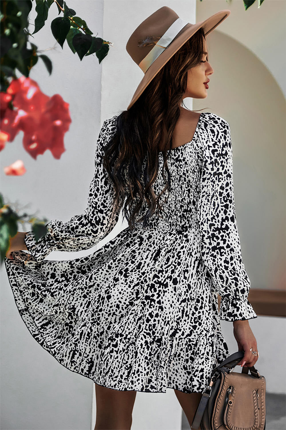 Puff Sleeve Print Ruched Dress