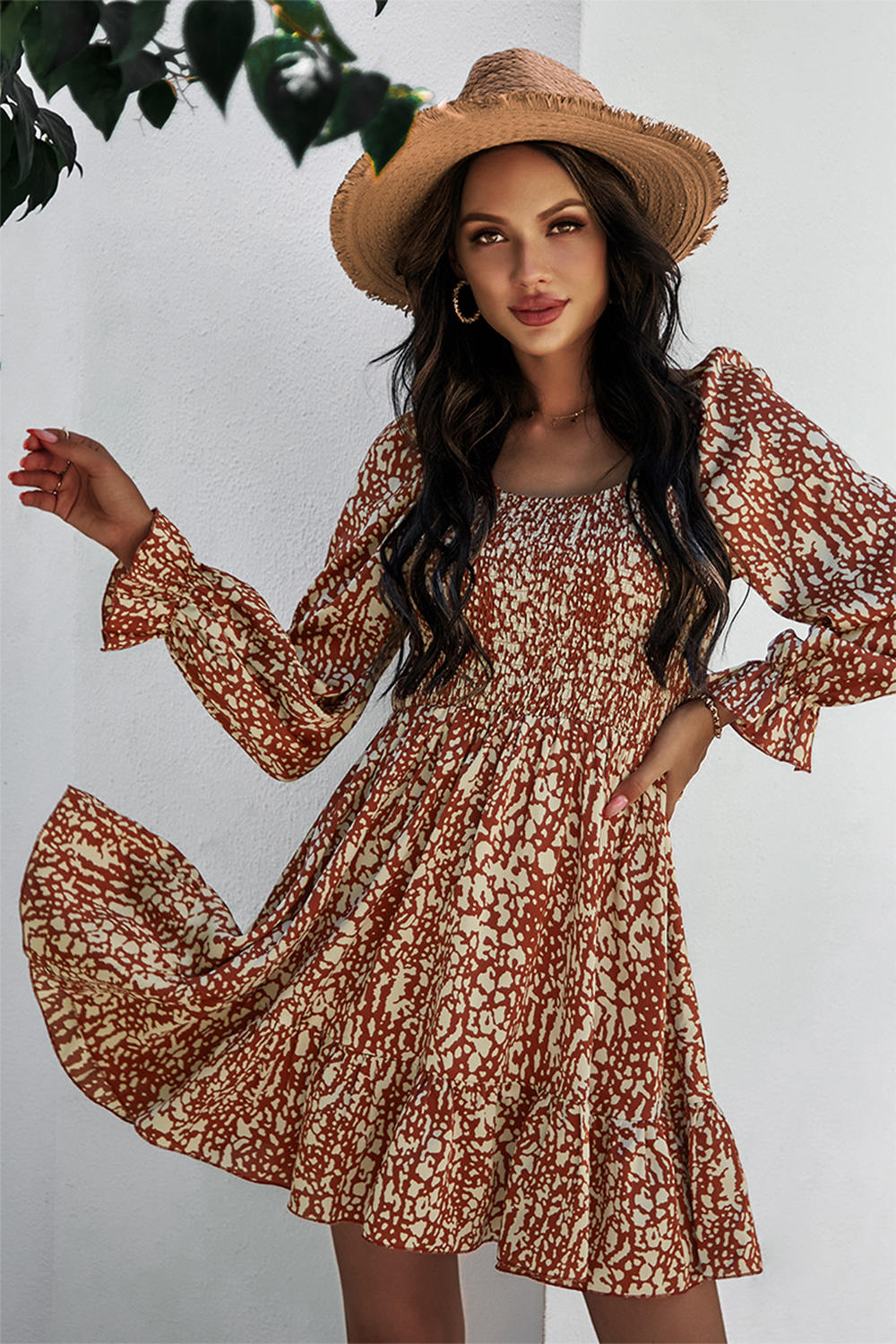 Puff Sleeve Print Ruched Dress