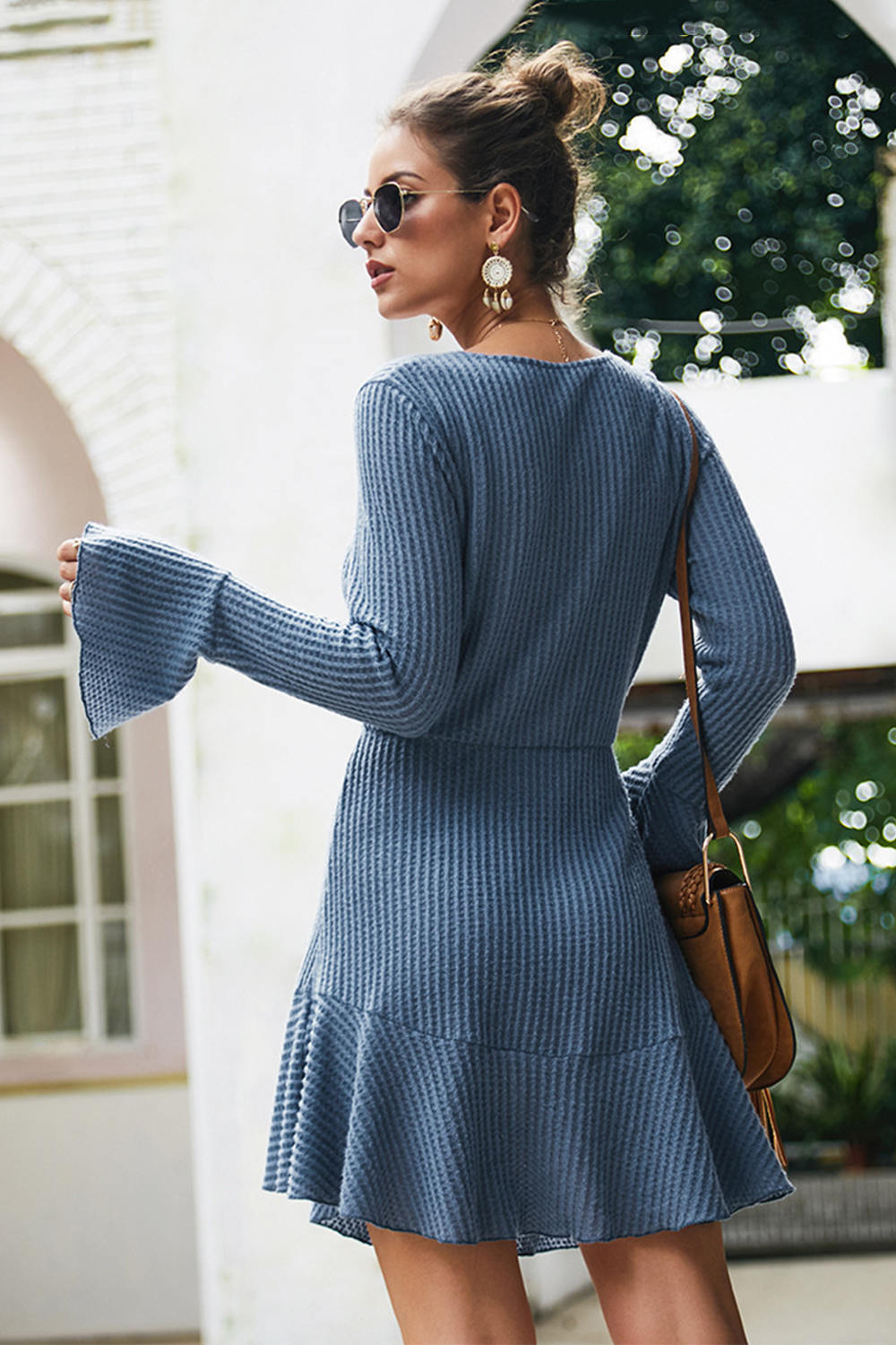 Ruffle V Neck Ribbed Knit Dress