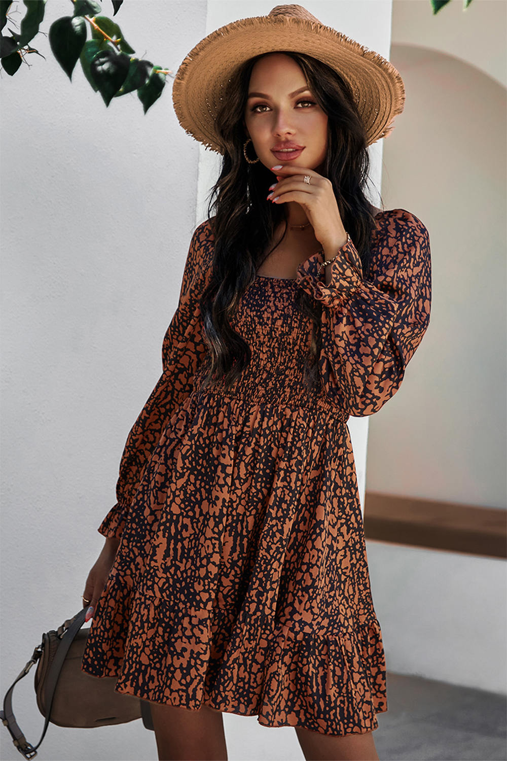 Puff Sleeve Print Ruched Dress