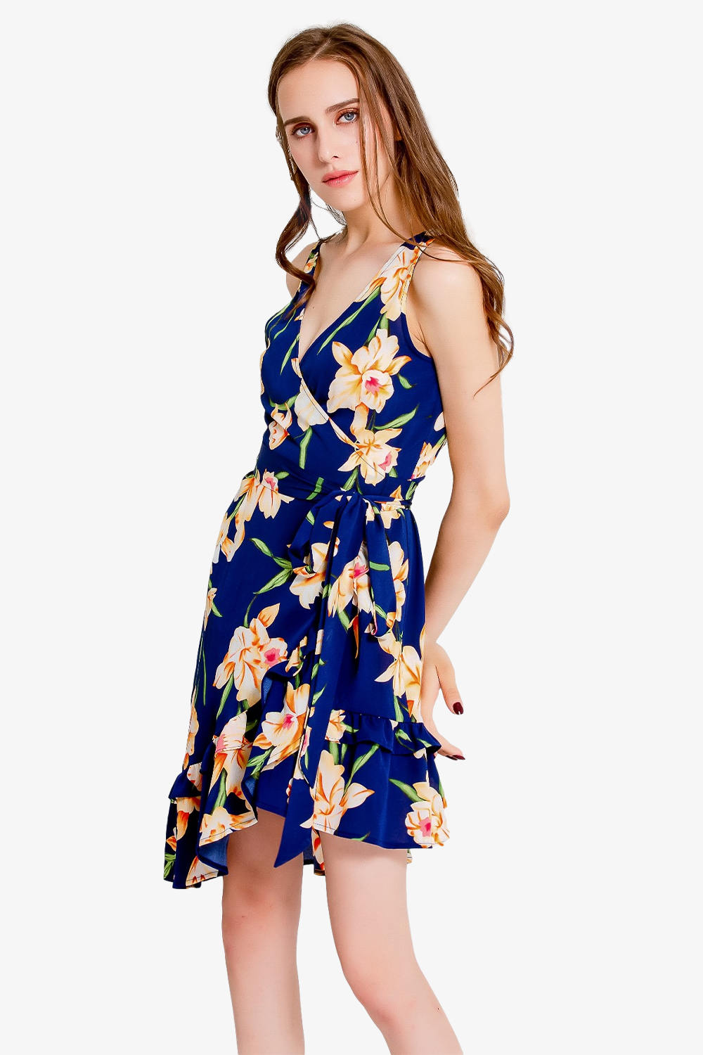 Asymmetry Ruffled Floral Print Wrap Dress