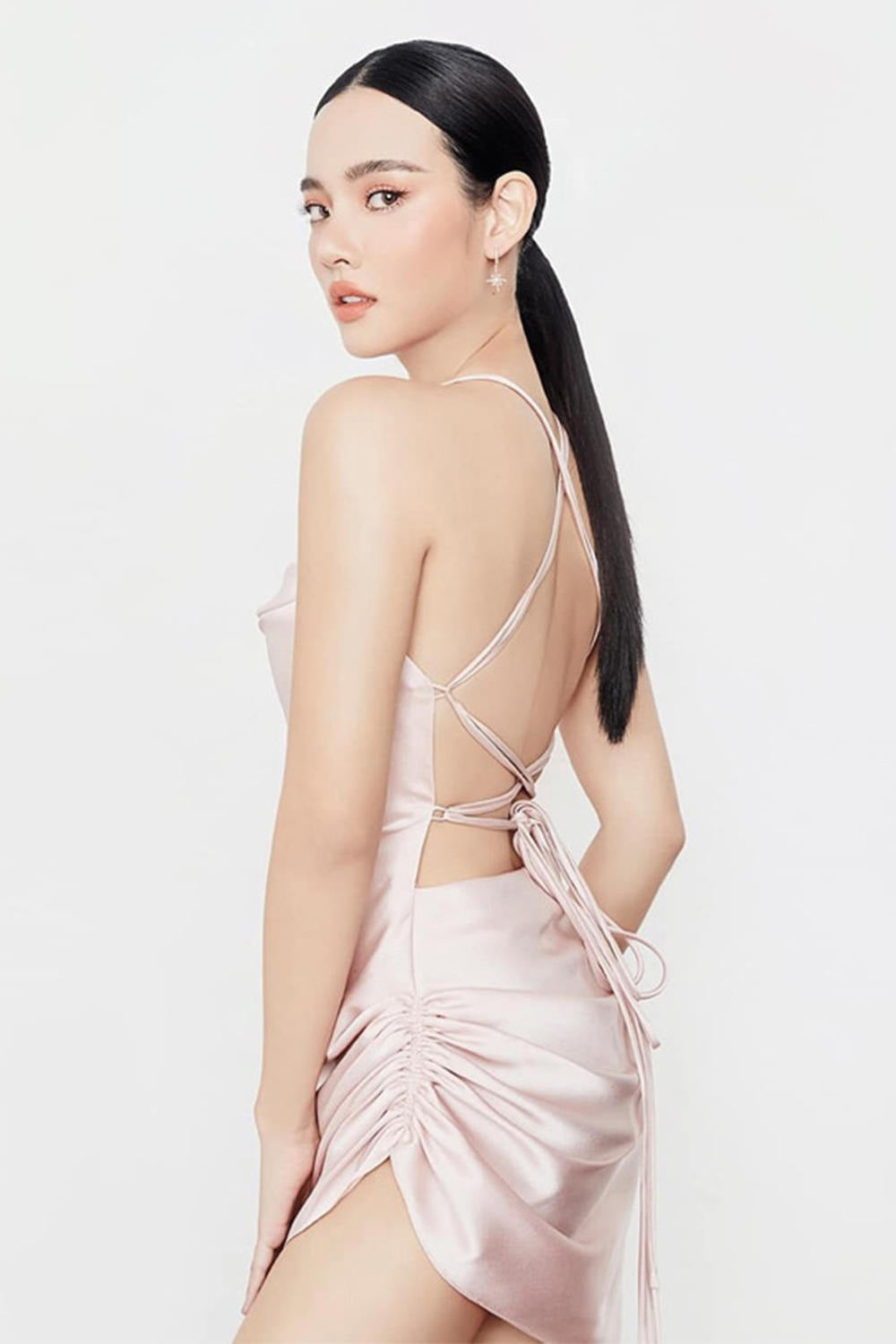 Satin Open Back Ruched Cami Dress