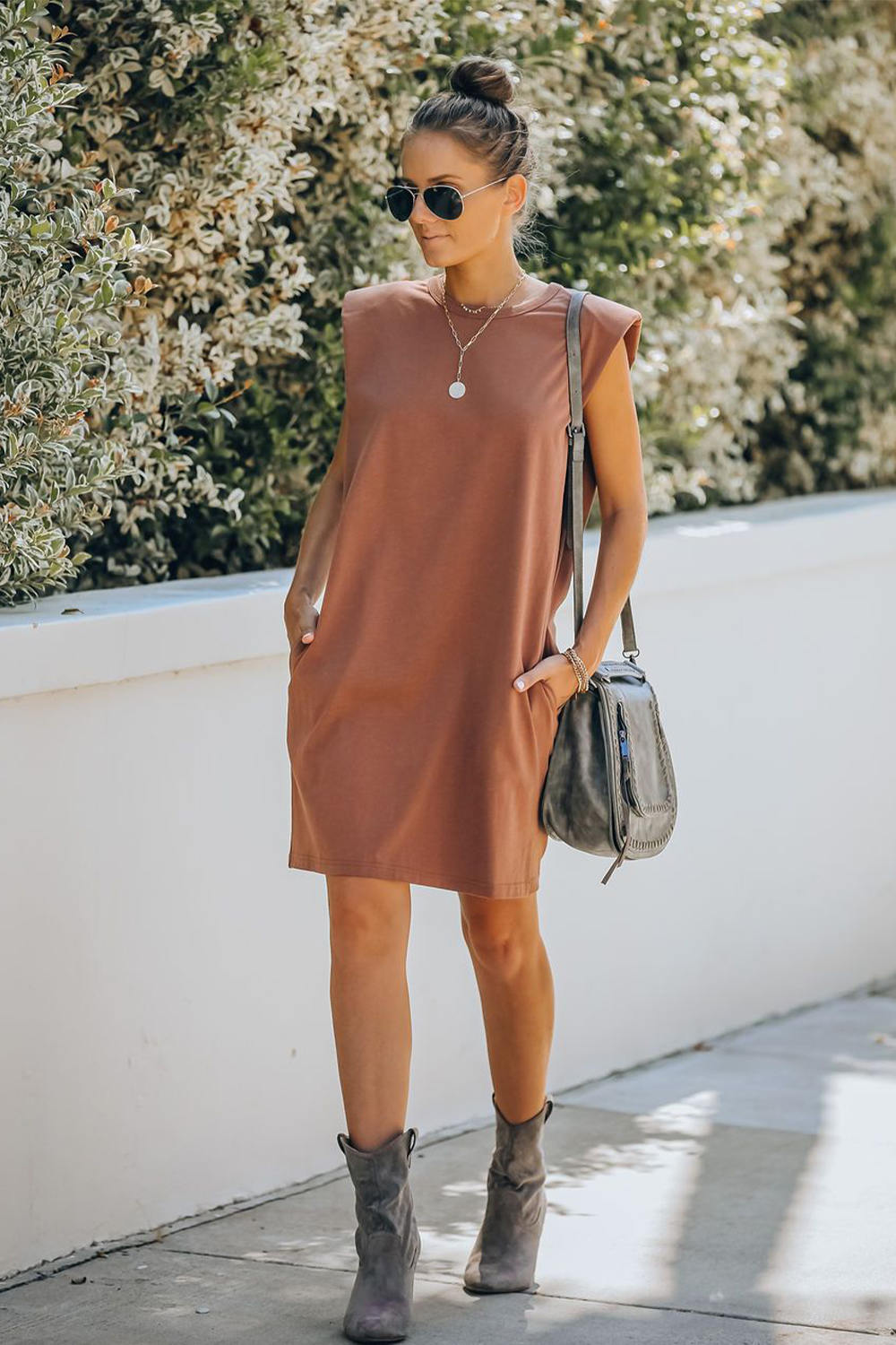 Padded Shoulder Sleeveless T-shirt Dress